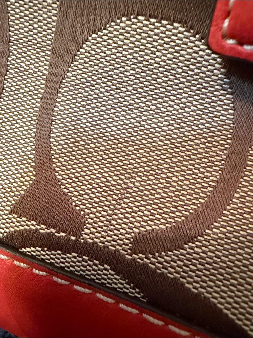 Coach Beige Signature Satchel with Coral Leather Trim and Coral Scarf